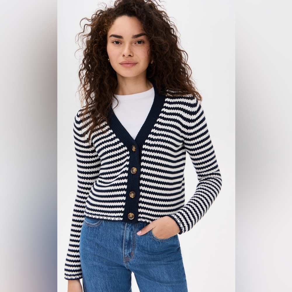 La Ligne Fine Stripe Mini Marina Cardigan in Navy and Cream Size Medium